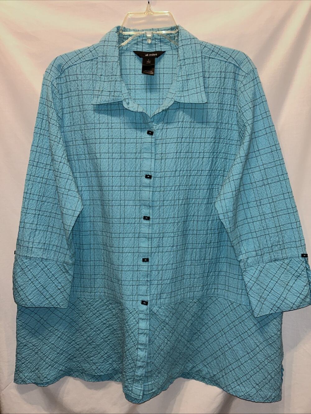 Ali Miles Tunic Blouse Large Turquoise Crinkle Seersucker 3/4 Sleeve Collared
